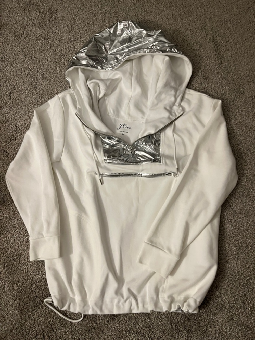 J. Crew White Hoodie with Metallic Silver Accents